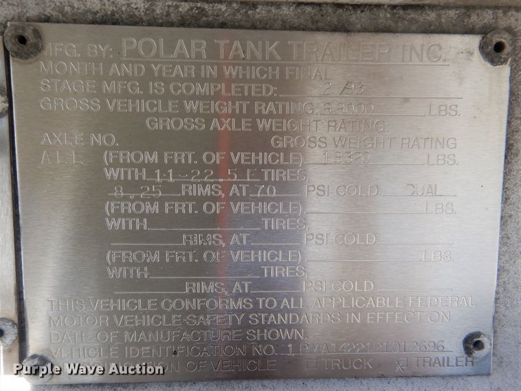 image for item DJ8520 1993 Polar Tank Trailers Inc tank trailer