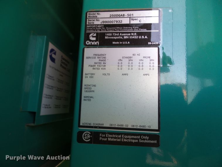 image for item DF0956 1999 Onan 250DQAB-501  generator