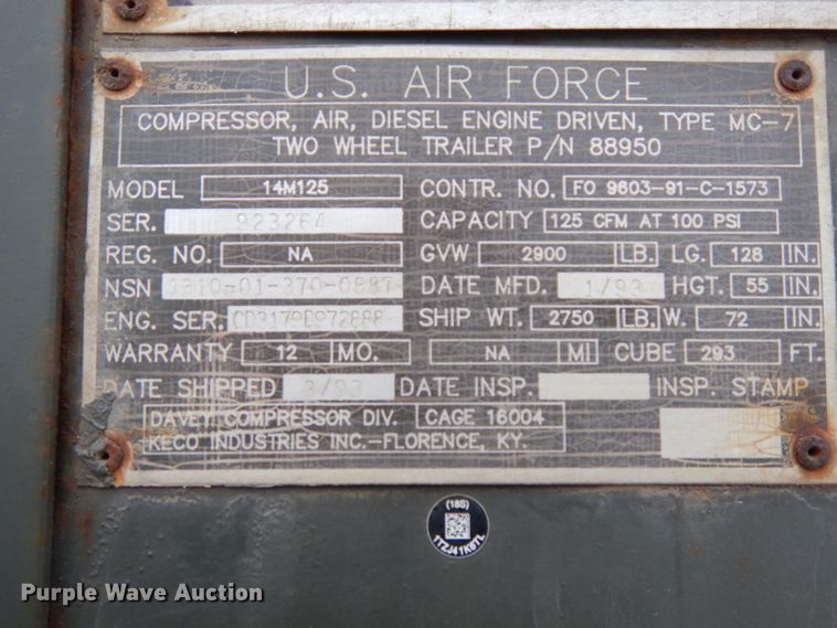 image for item DJ5788 1993 Davey 14M125  air compressor