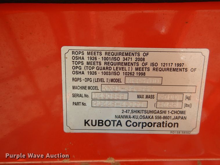 image for item DI3536 2018 Kubota KX91-3S2  mini excavator