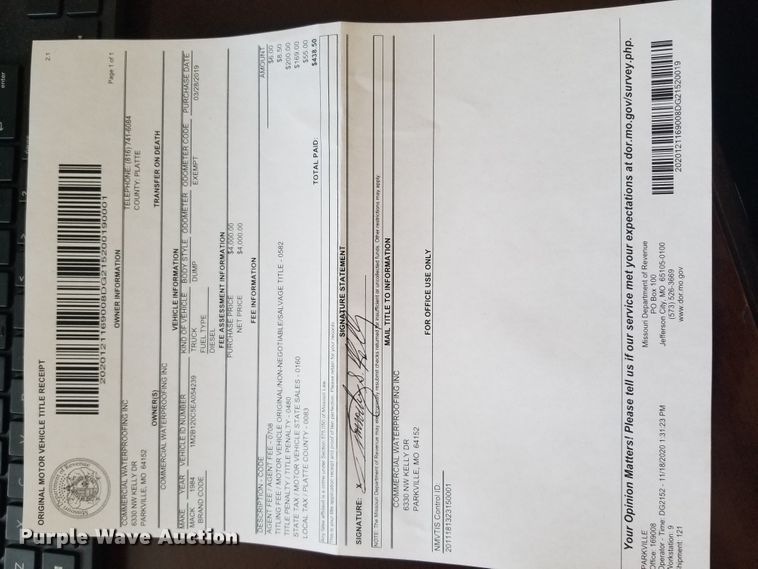 image for item DI8082 1984 Mack DM685S  truck cab and chassis