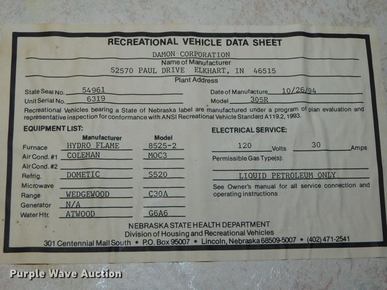 image for item DJ5844 1995 Hornet 305R  camper