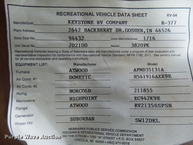 image for item EF9648 2016 Keystone Montana 3820FK  camper