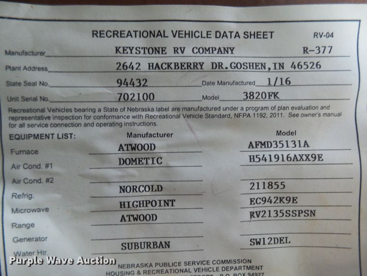 image for item EF9648 2016 Keystone Montana 3820FK  camper