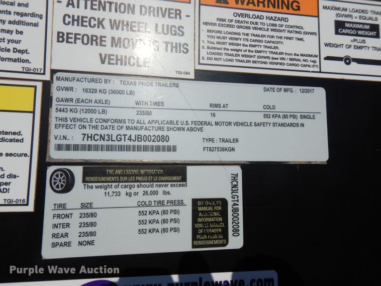 image for item FW9911 2018 Texas Pride GT827536KGN equipment trailer