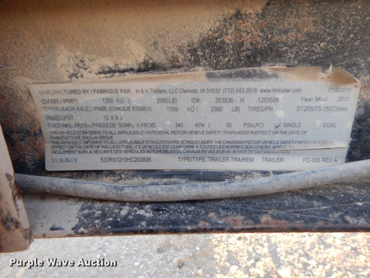 image for item GQ9872 2017 H&H 7X12 utility trailer