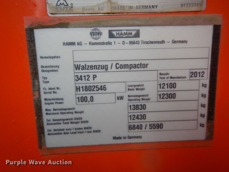 image for item DJ8001 2012 Hamm 3412P  vibratory single drum roller compactor