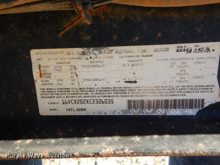 image for item DH0563 2012 Big Tex 14TL-20BK tilt deck equipment trailer