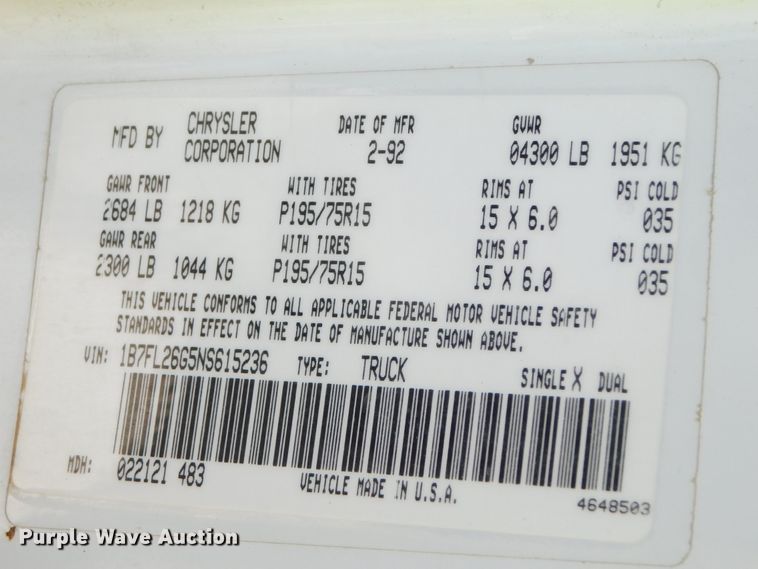 image for item DJ5856 1992 Dodge Dakota Sport  pickup truck