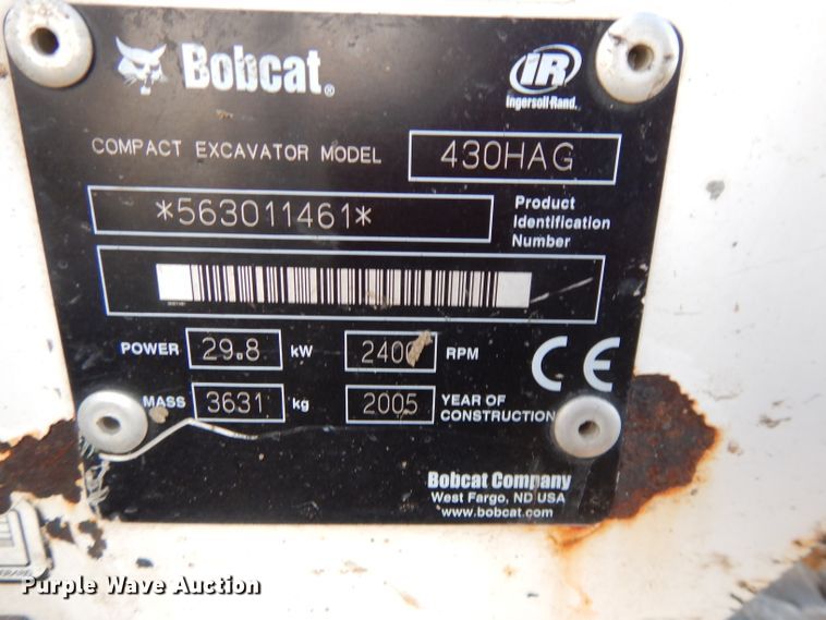 image for item DE2540 2005 Bobcat 430HAG ZHS  mini excavator