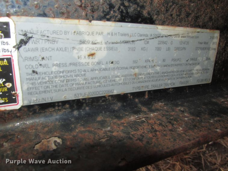 image for item DJ5830 2013 H&H UF202 utility trailer