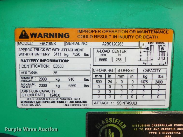 image for item DJ5882 2010 Mitsubishi FBC18NS  forklift