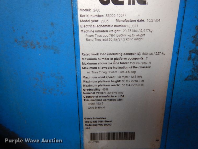 image for item HP9059 2004 Genie S60  boom lift