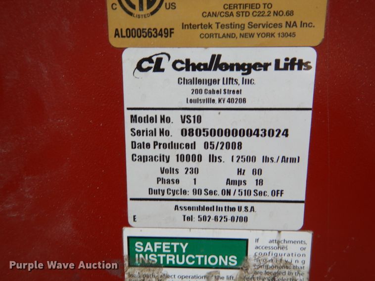 image for item HU9890 Challenger VS10 two post automotive lift
