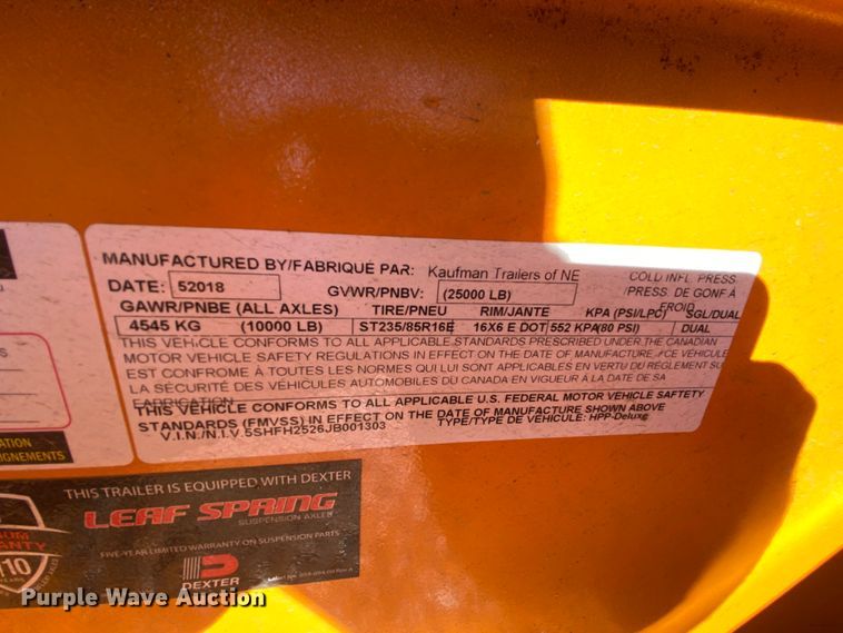 image for item EL9620 2018 Kauffman equipment trailer