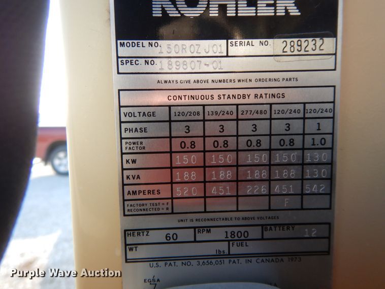 image for item HP9129 Kohler 150R0ZJ01  generator