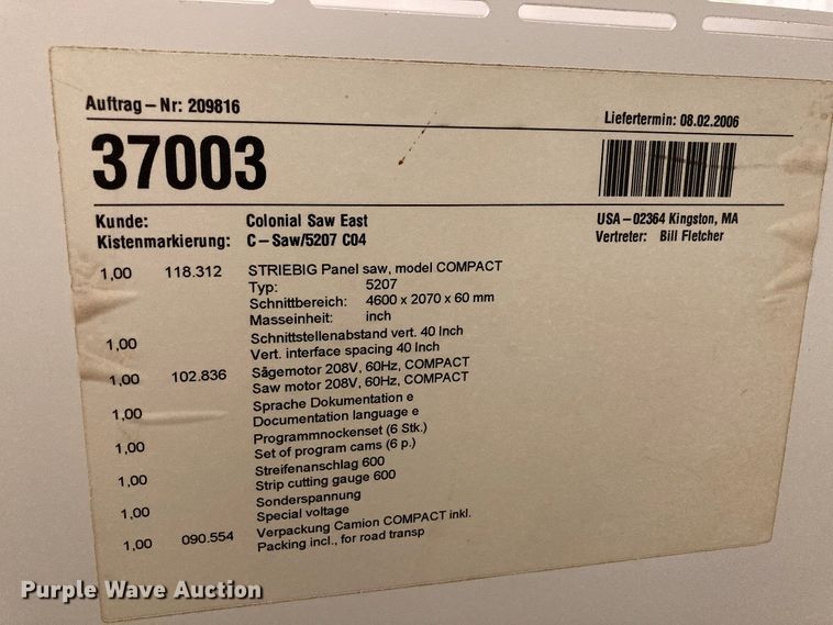 image for item DI8483 2006 Striebig vertical panel saw