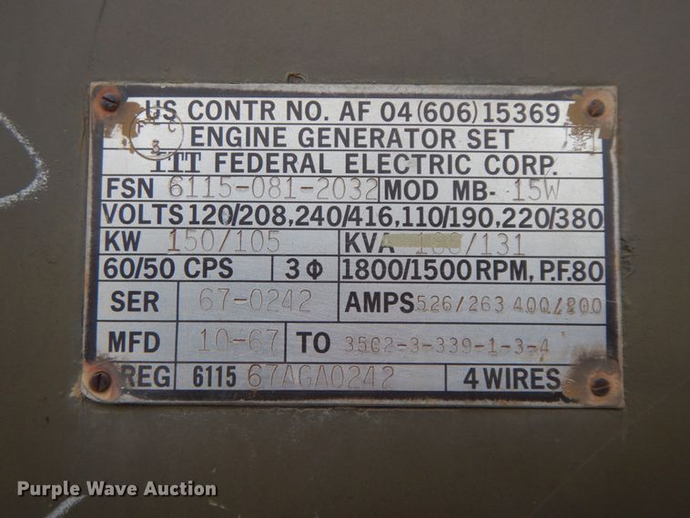 image for item DF3239 1967 ITT Service MB-15W  generator