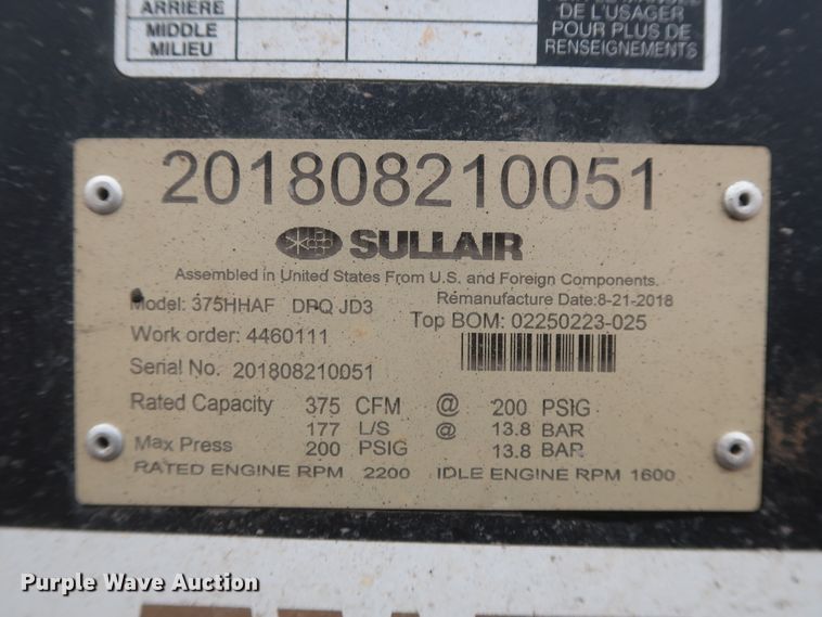image for item HK9635 2018 Sullair 375HHAF  air compressor