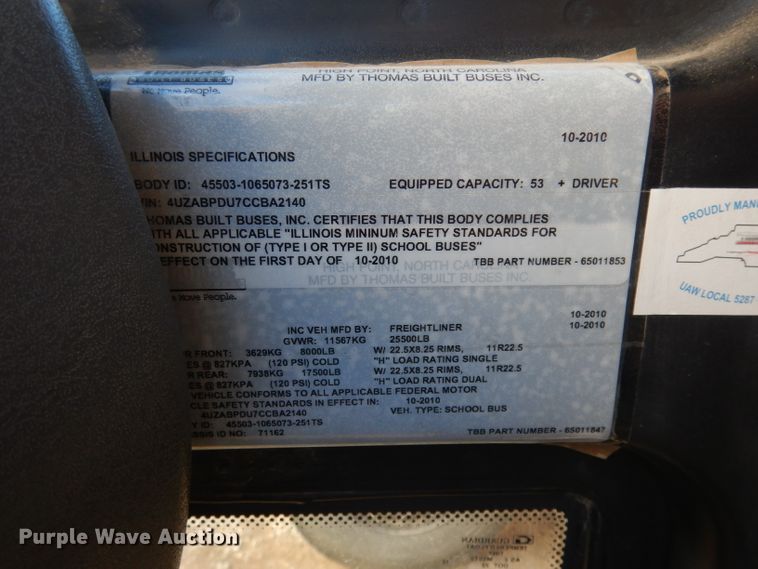 image for item DJ2761 2012 Freightliner  school bus