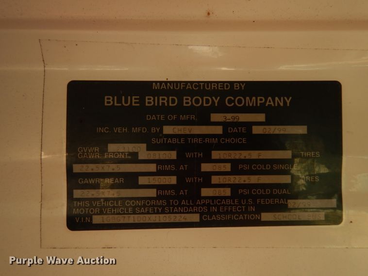 image for item DJ2762 1999 Chevrolet Blue Bird  school bus