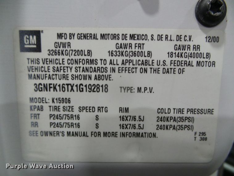 image for item EK9762 2001 Chevrolet Suburban K1500  SUV