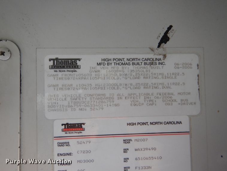 image for item HP9989 2007 Thomas Built Saf-T-Liner MVP EF  school bus