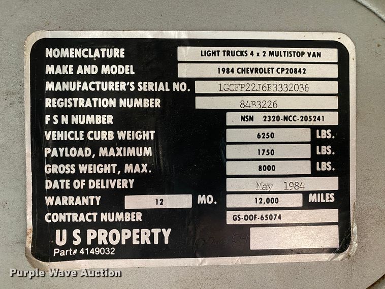 image for item HR9298 1984 Chevrolet P20  delivery truck