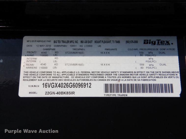 image for item DJ0370 2016 Big Tex 22GN  equipment trailer