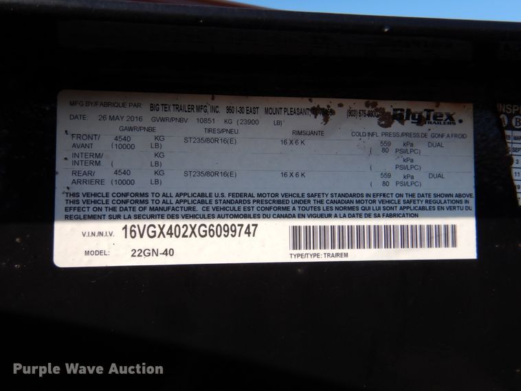 image for item DJ0371 2016 Big Tex 22GN-40  equipment trailer