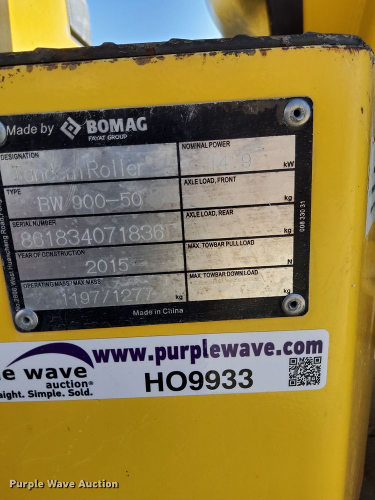 image for item HO9933 2015 Bomag BW900-50  double drum vibratory roller