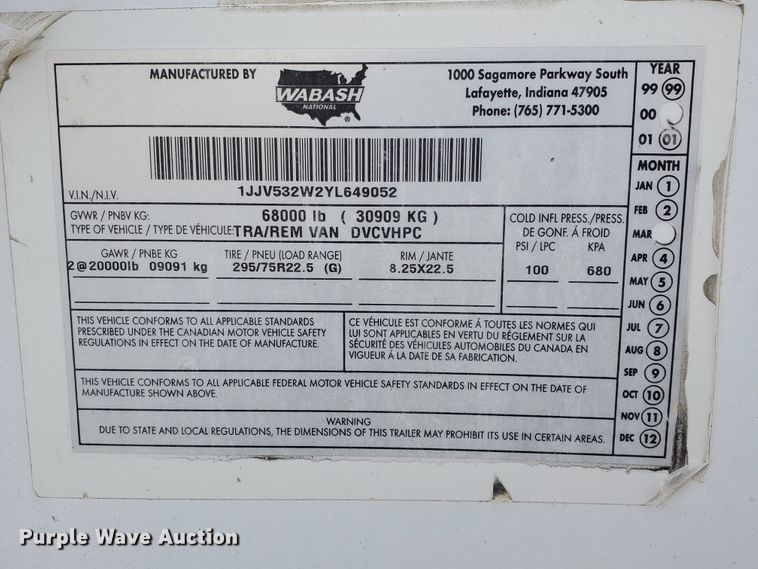 image for item HW9638 2000 Wabash Duraplate  dry van trailer