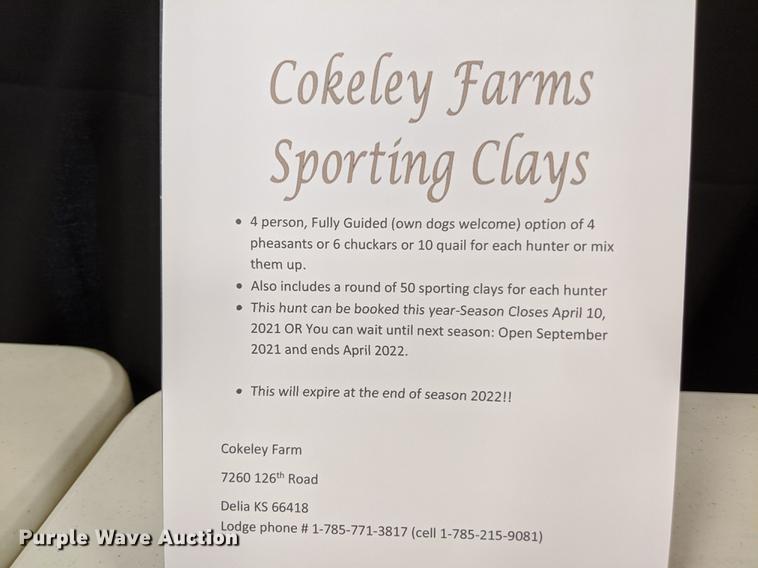 image for item FM9015 Hunting Trip for four to Cokeley Farms in Delia, KS