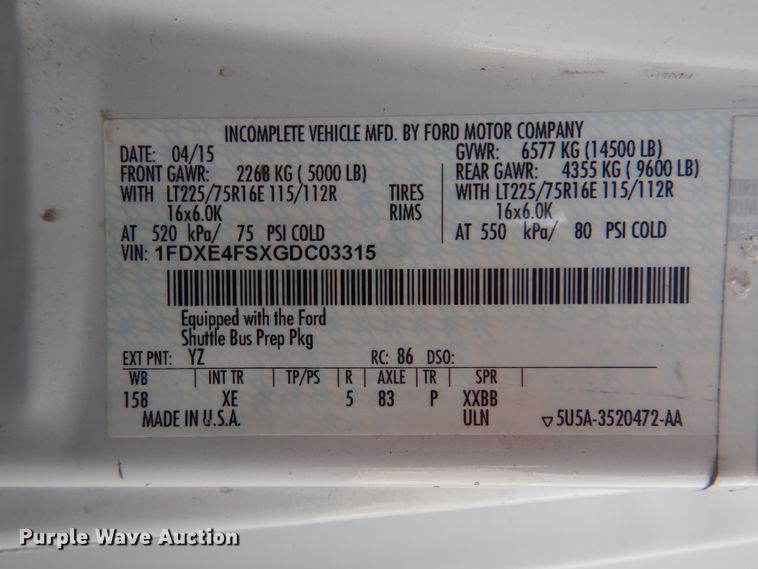 image for item HW9834 2016 Ford E450  shuttle bus