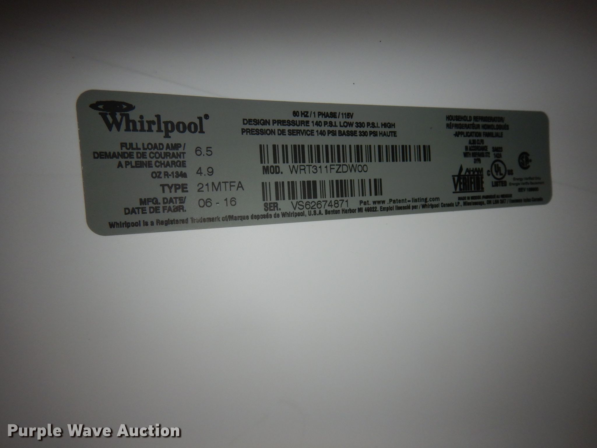 2016 Whirlpool WRT311FZDW00 refrigerator in Lawrence, KS Item HE9481