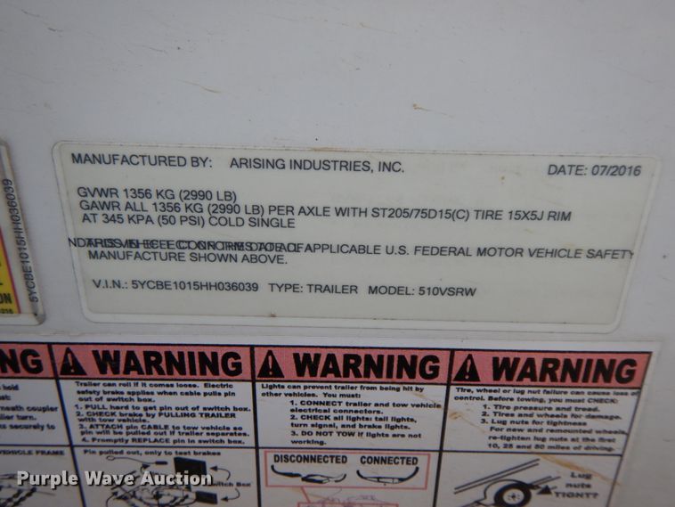 image for item DF6342 2017 Arising Industries 510VSRW  enclosed cargo trailer