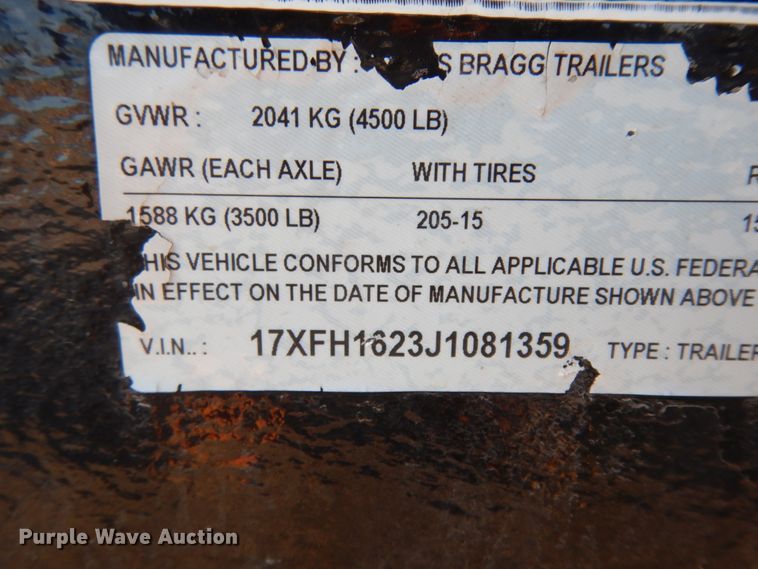 image for item DJ7251 2018 Texas Bragg utility trailer