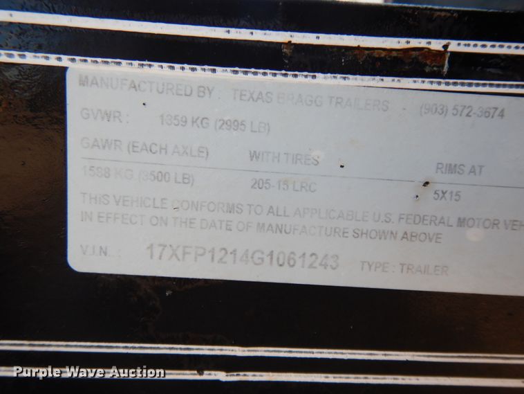 image for item DJ7256 2016 Texas Bragg NA612P29 utility trailer