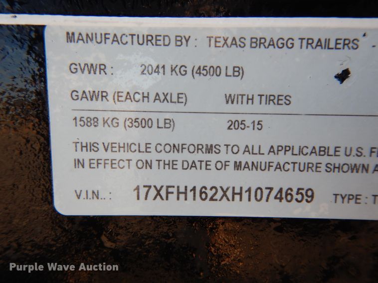 image for item DJ7259 2017 Texas Bragg utility trailer