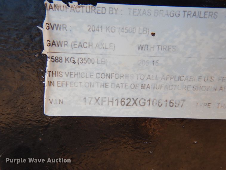 image for item DJ7268 2016 Texas Bragg utility trailer