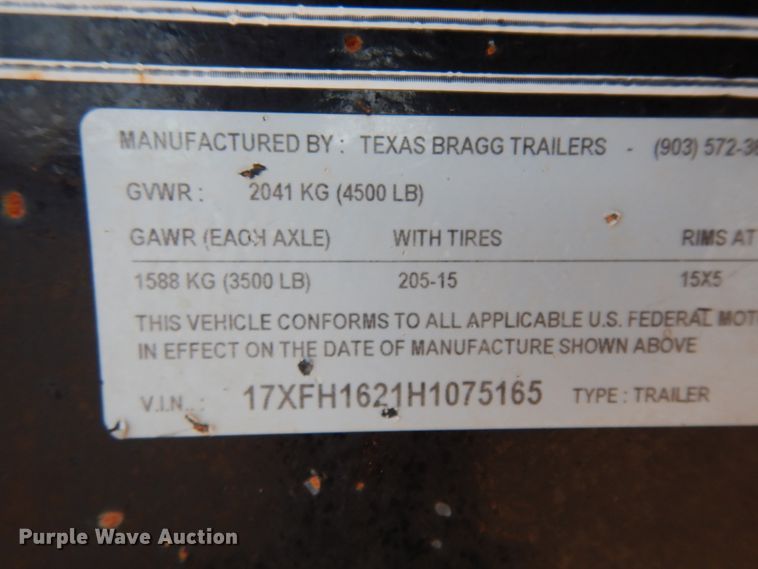 image for item DJ7273 2017 Texas Bragg utility trailer