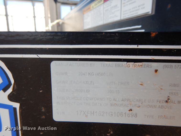 image for item DJ7276 2016 Texas Bragg utility trailer