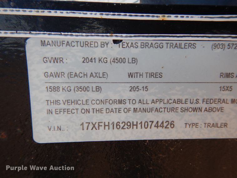 image for item DJ7279 2017 Texas Bragg utility trailer