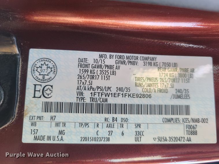 image for item FW9709 2015 Ford F150  SuperCrew pickup truck