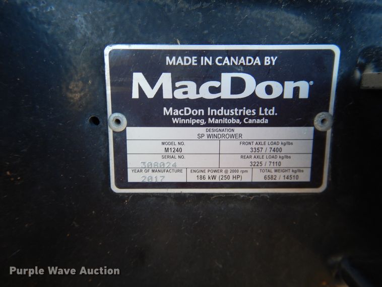 image for item DJ4933 2017 MacDon M1240  windrower