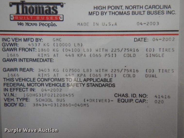 image for item IG9206 2002 Thomas  school bus