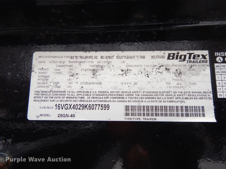 image for item DF6427 2019 Big-Tex 25GN-40 equipment trailer
