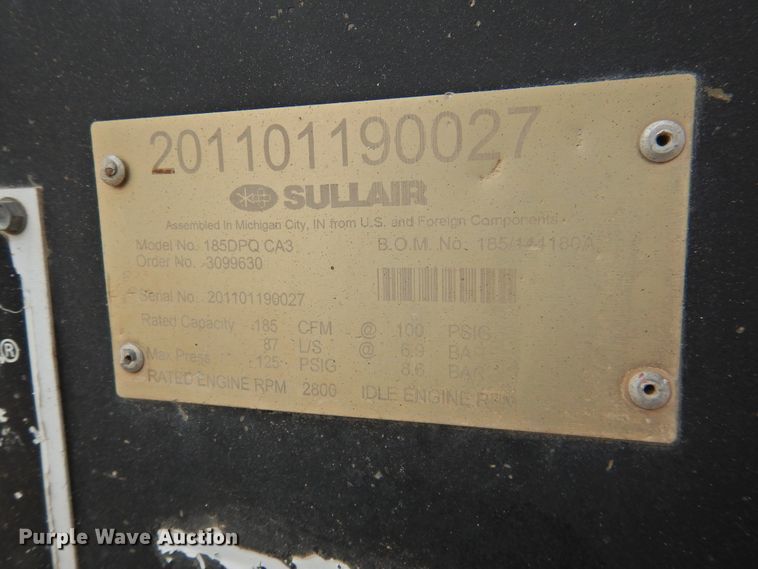 image for item DG1632 2011 Sullair 185 DPQ CA3  air compressor