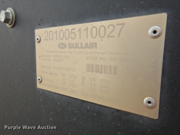 image for item DG1633 2010 Sullair 185 DPQ CA3  air compressor