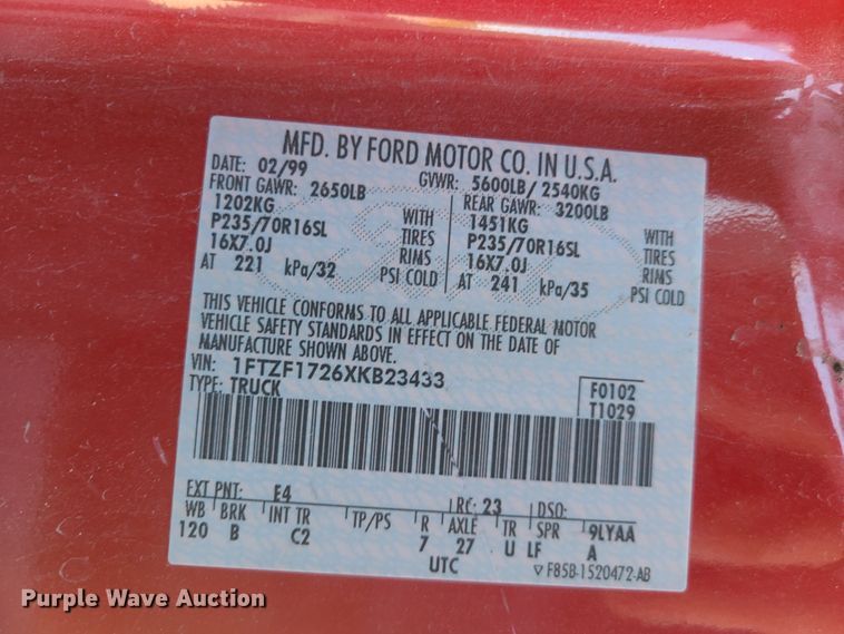 image for item DY9957 1999 Ford F150  pickup truck